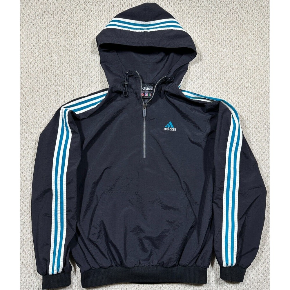 Vtg Adidas 1/4 Zip Pullover Mens L Black/Teal Tri-Stripe Jacket Windbreaker Y2K